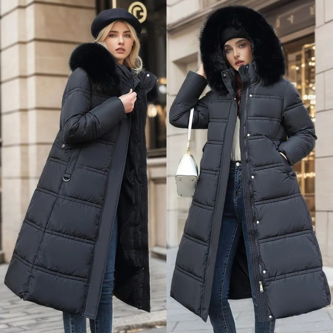 Black Mid-Calf Puffer Coat worn front and back views