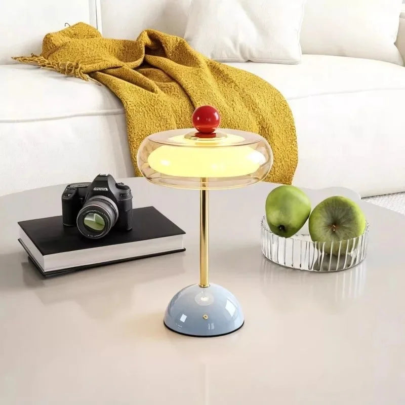 Blue-Gray Mid-Century Glass Dome Table Lamp coffee table lifestyle