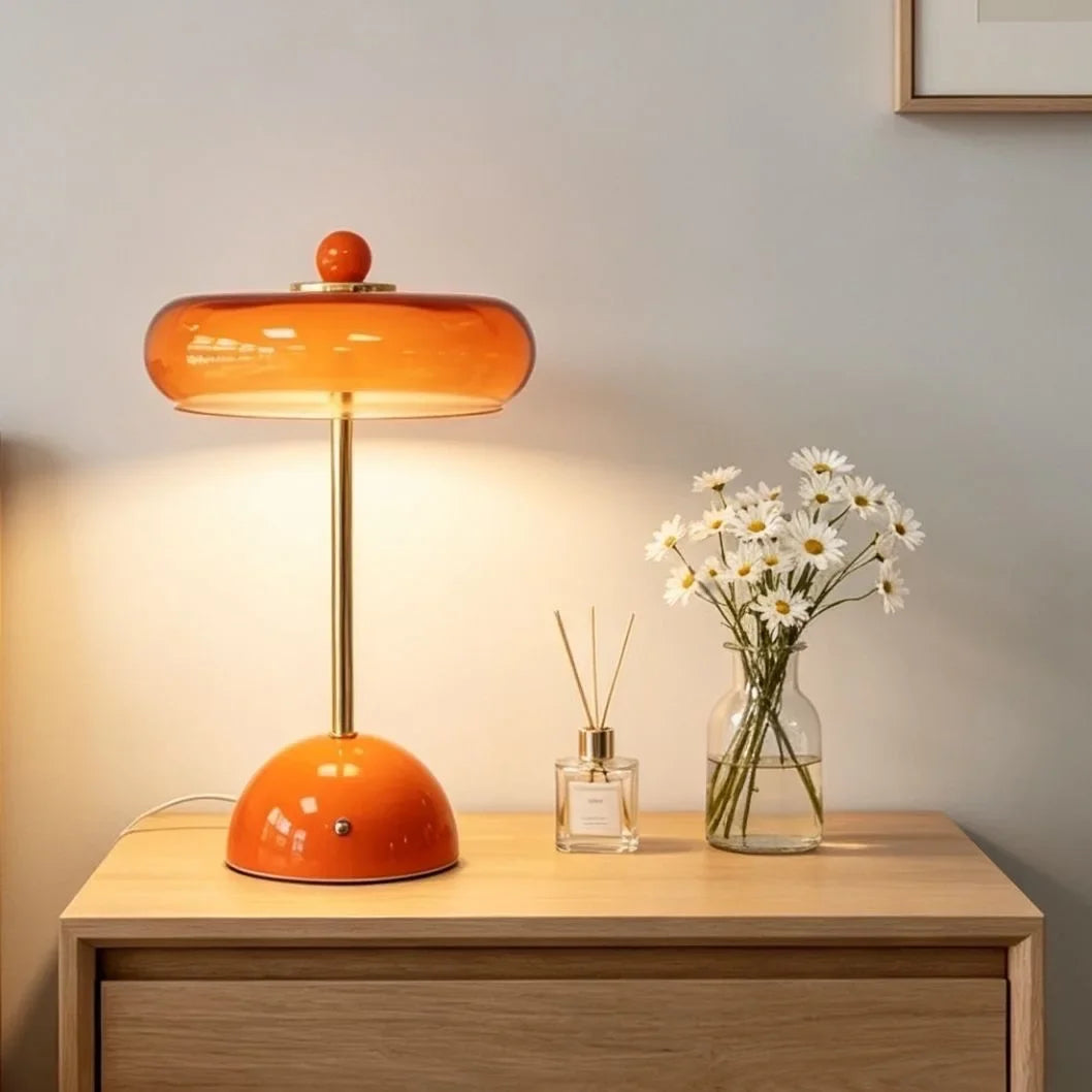 Orange Mid-Century Glass Dome Table Lamp bedside lifestyle