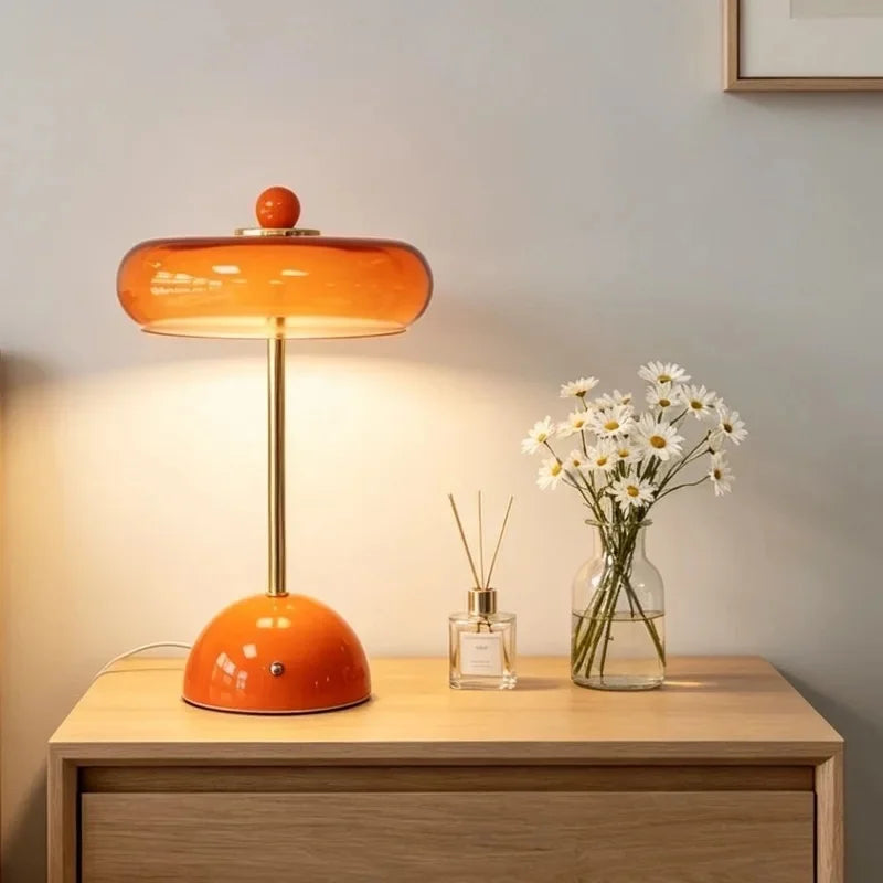 Orange Mid-Century Glass Dome Table Lamp lifestyle angle