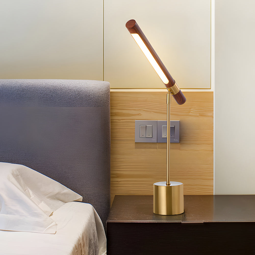 Wood Brass Task Lamp on bedside table warm light
