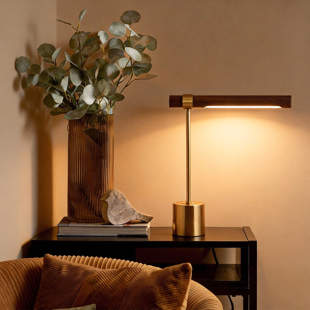 Wood Brass Task Lamp in cozy reading nook lifestyle