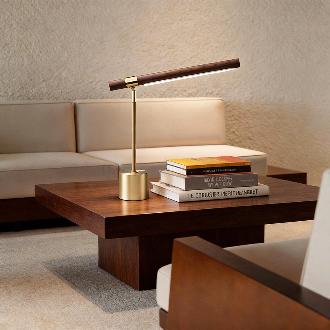 Wood Brass Task Lamp beside modern sofa lifestyle