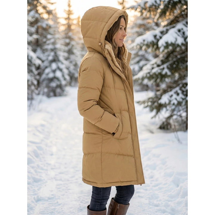 Mid-Thigh Puffer Coat worn side view in camel
