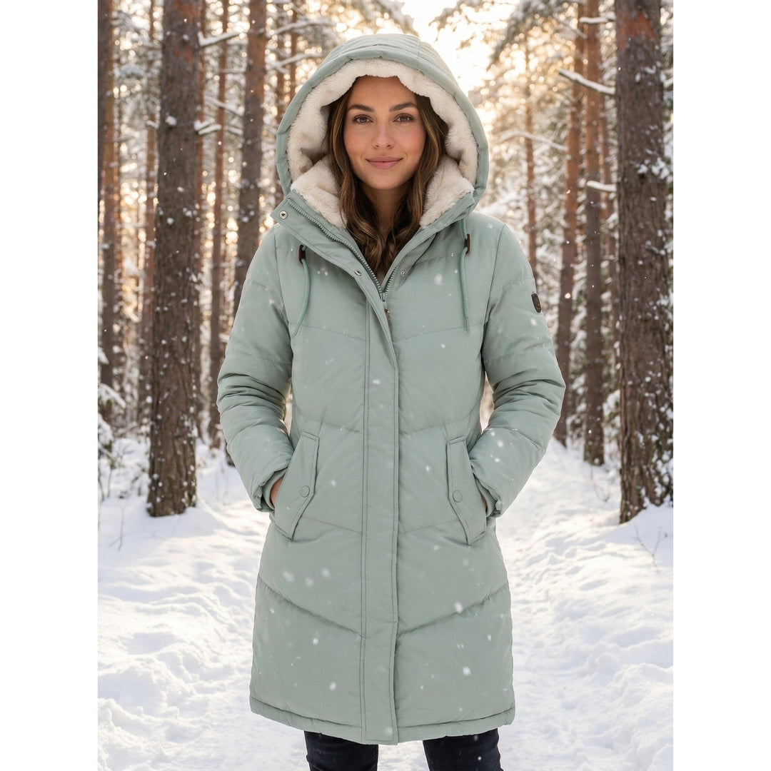 Green Mid-Thigh Puffer Coat worn front view