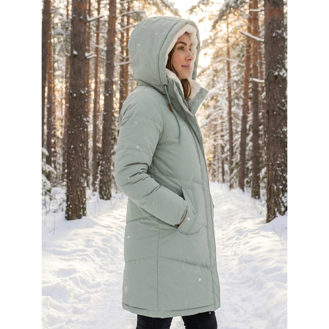 Green Mid-Thigh Puffer Coat worn side view