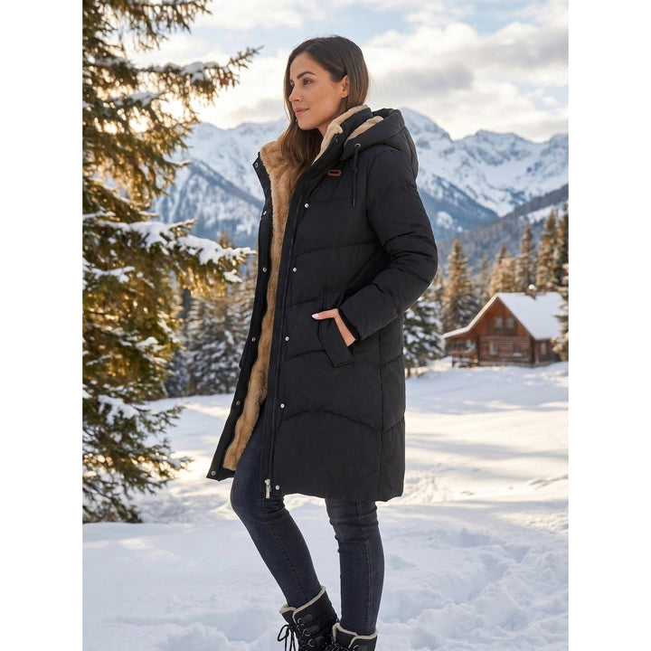 Black Mid-Thigh Puffer Coat worn side view