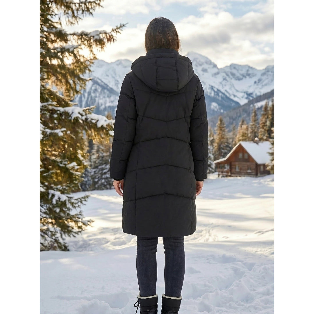 Black Mid-Thigh Puffer Coat back view