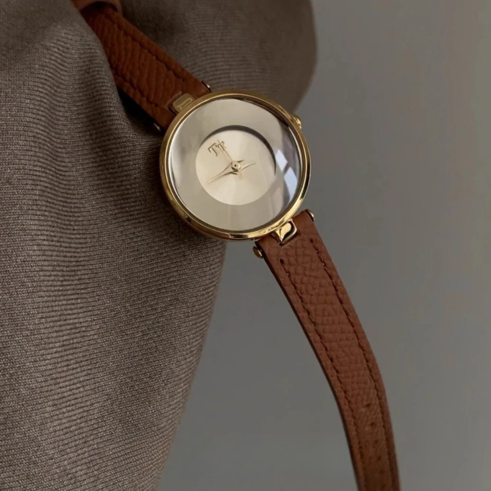 Brown Minimalist Round Leather Watch case detail