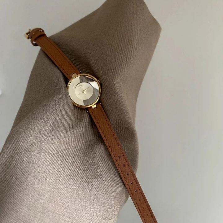 Brown Minimalist Round Leather Watch side view