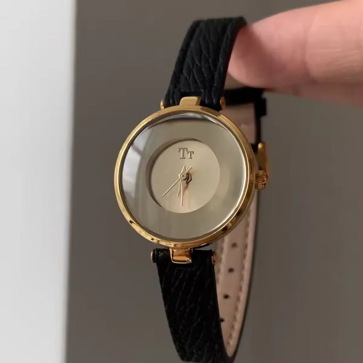 Black Minimalist Round Leather Watch dial close-up