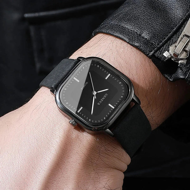 Black & Black Minimalist Square Face Watch worn on wrist