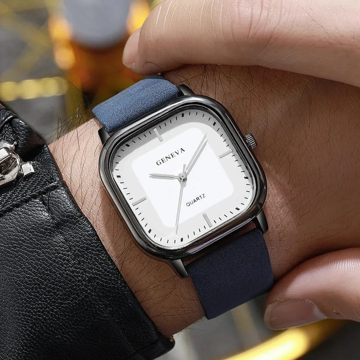 Blue & White Minimalist Square Face Watch worn on wrist