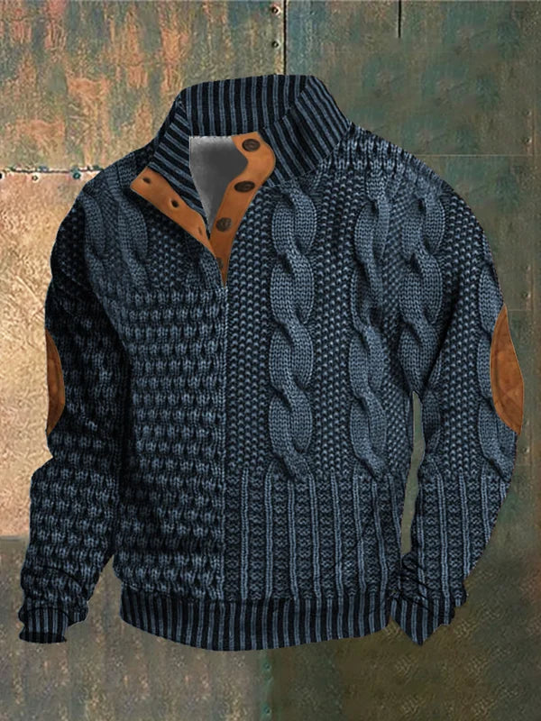 Blue Mixed-Texture Quarter-Zip Sweater front view