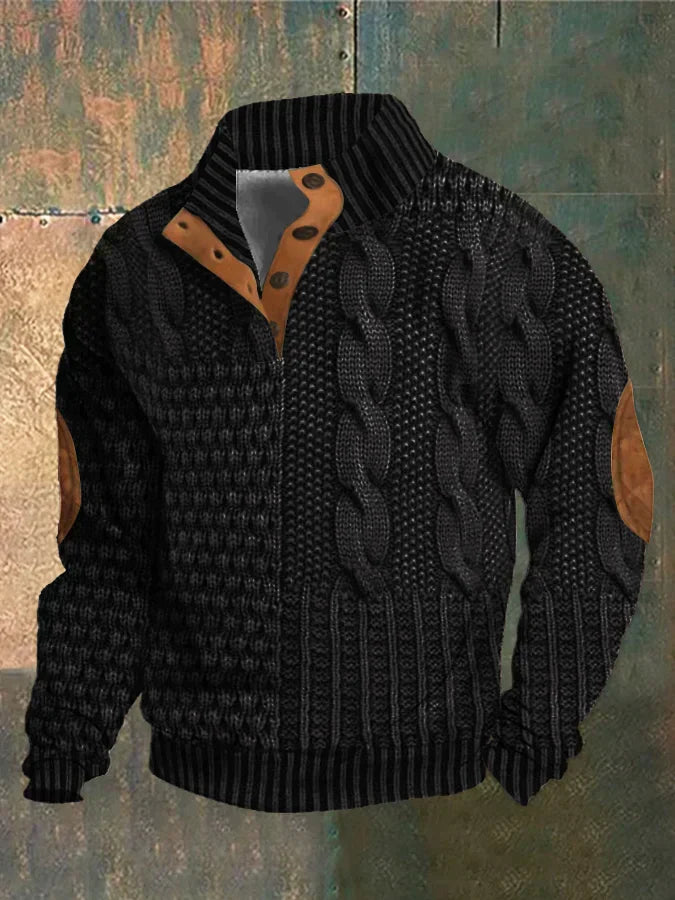 Black Mixed-Texture Quarter-Zip Sweater front view