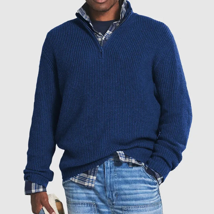 Dark Blue Mock-Neck Quarter Zip Sweater front view