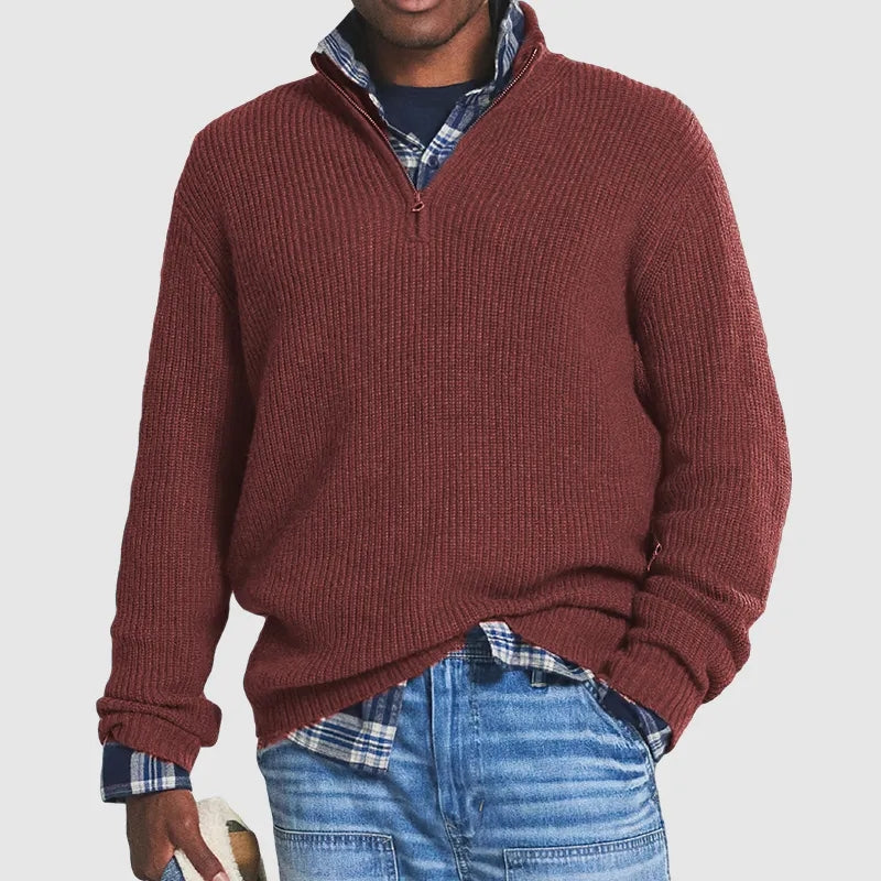 Dark Red Mock-Neck Quarter Zip Sweater front view