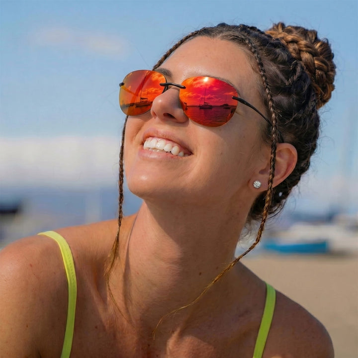 Red Vintage Rimless Aviator Sunglasses worn lifestyle beach