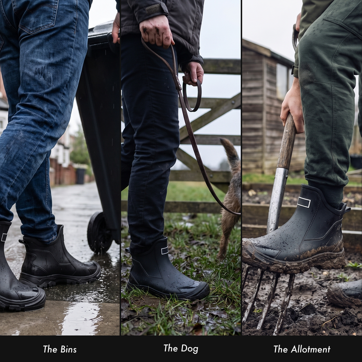Molded Ankle Rain Boots shown from three angles