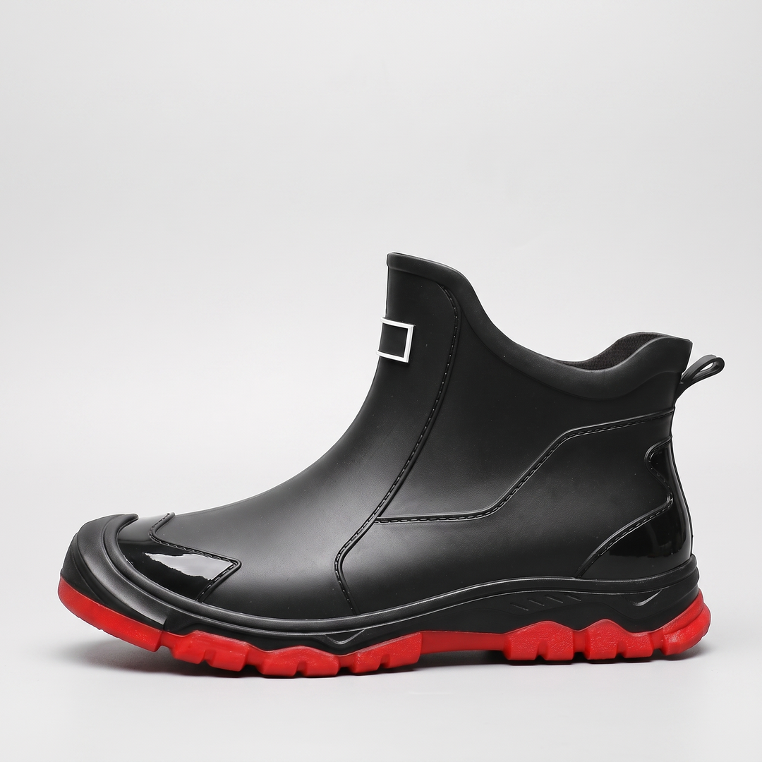 Black with Red Sole Molded Ankle Rain Boots front view