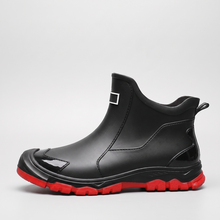 Black with Red Sole Molded Ankle Rain Boots front view