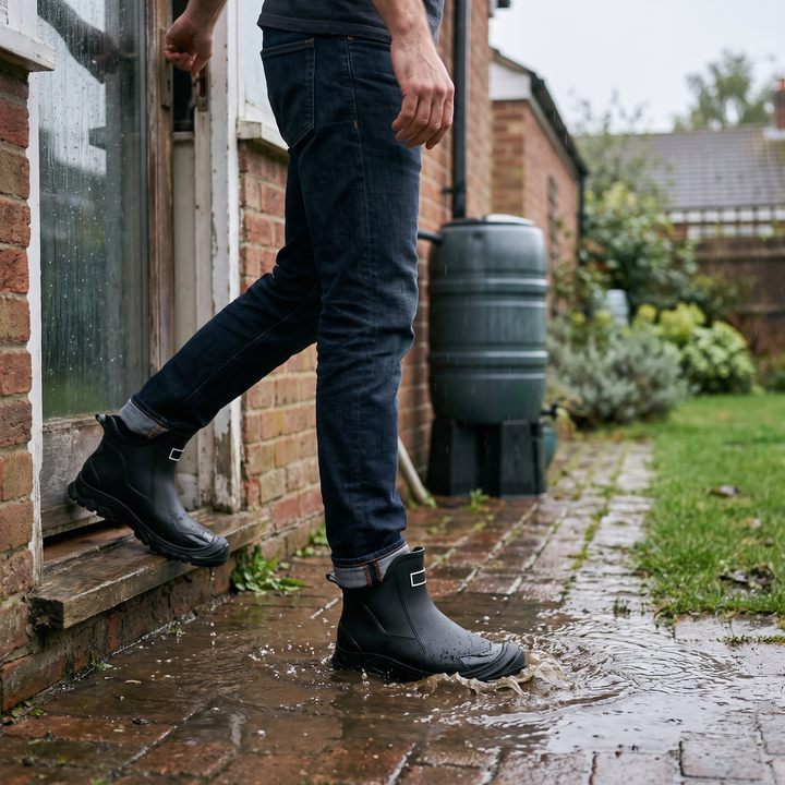 Molded Ankle Rain Boots worn on a wet path