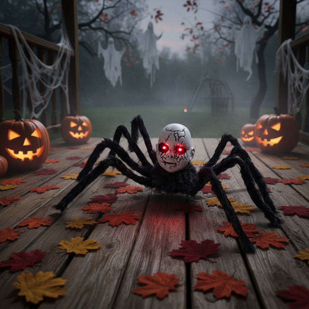 Black animatronic spider Halloween prop, full front view