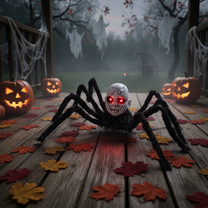 Black animatronic spider Halloween prop, full front view