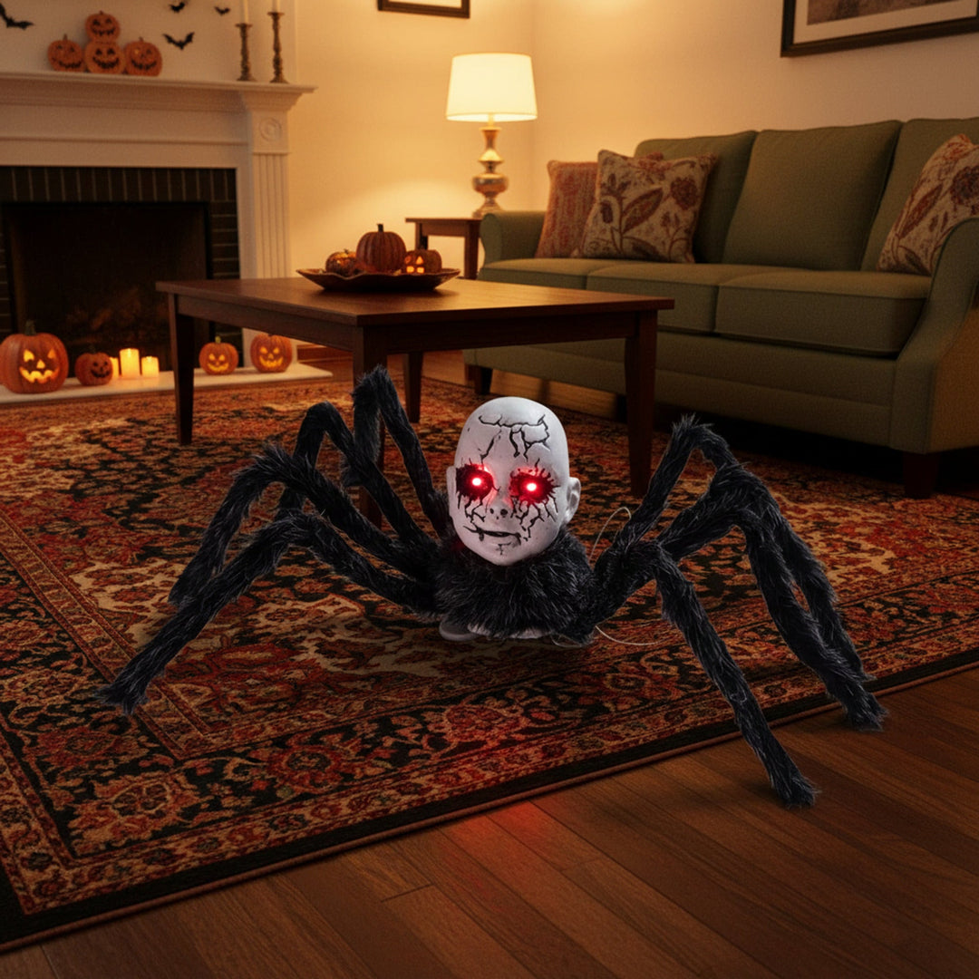 Animatronic Halloween spider prop side view showing ABS plastic body