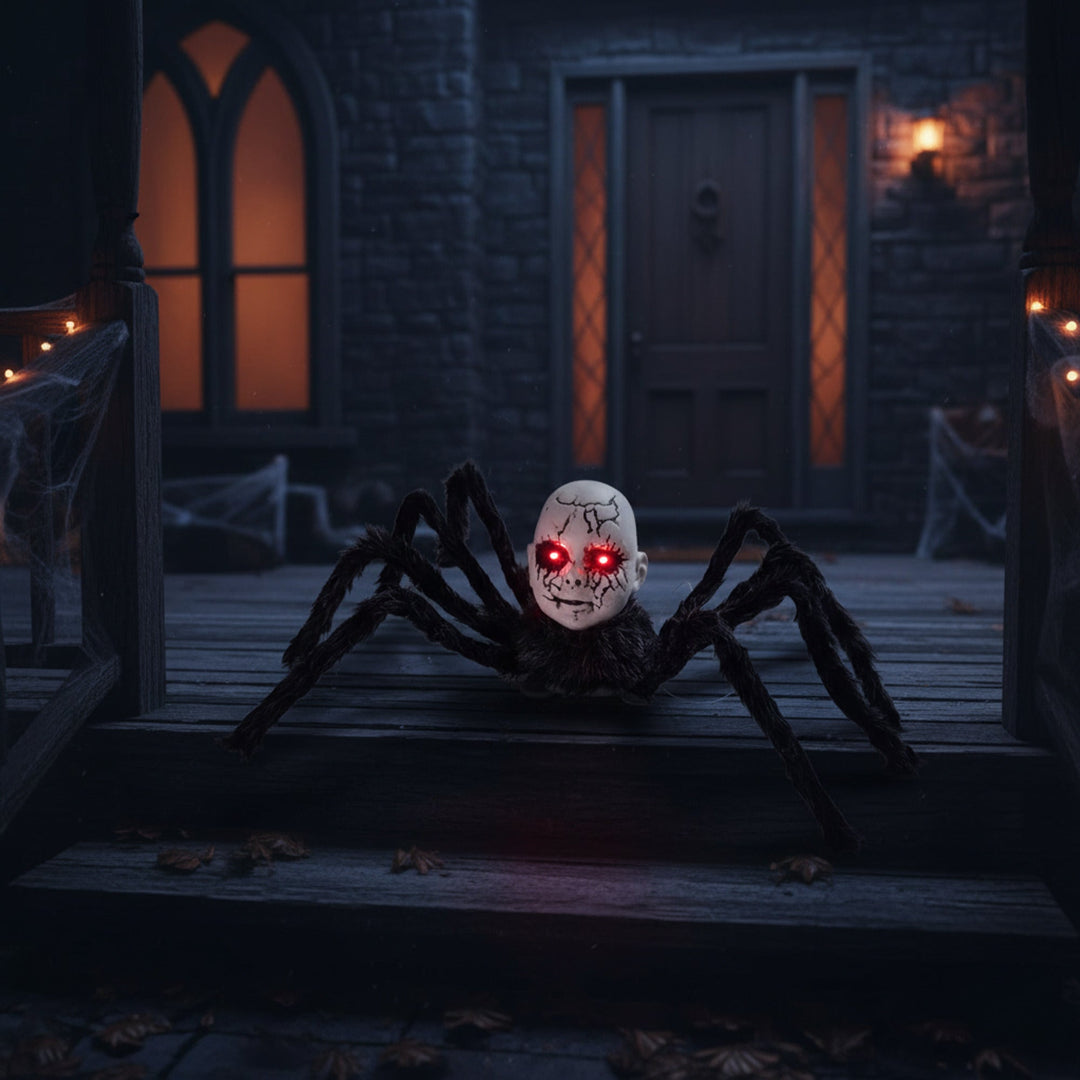Animatronic spider prop mounted near an entryway for Halloween display