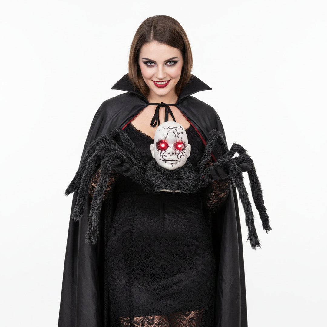 Animatronic Halloween spider prop shown at approximate 60 cm scale