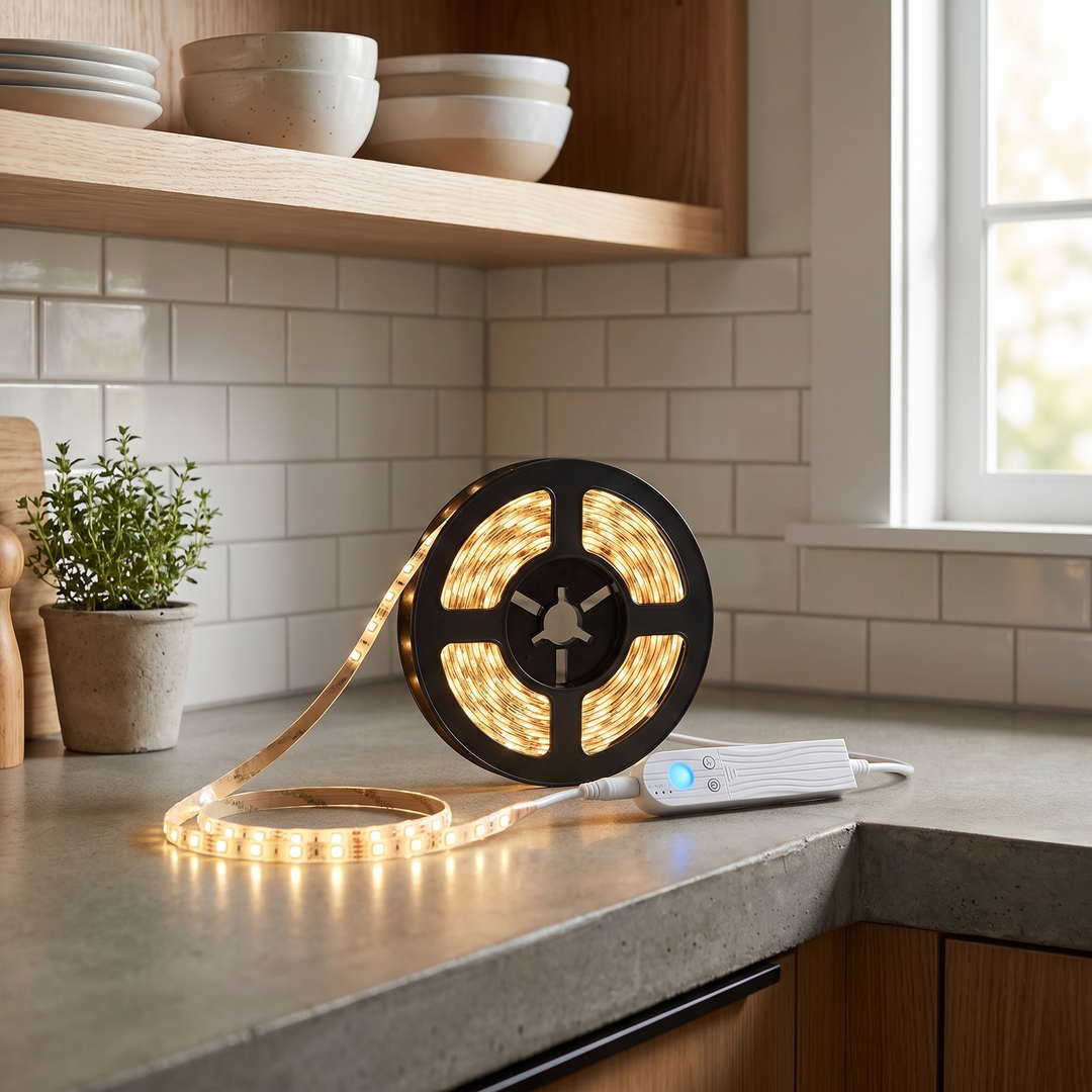 Motion-Sensor LED Strip Light, package and product photo