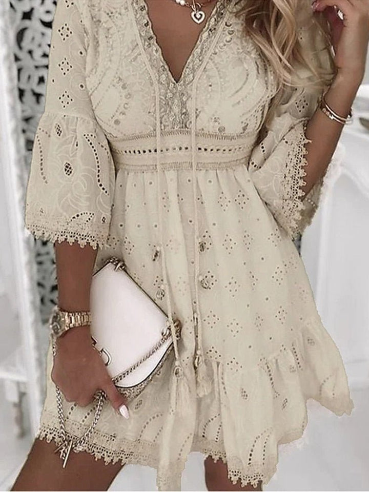 Light Yellow Eyelet-Lace Mini Dress worn lifestyle
