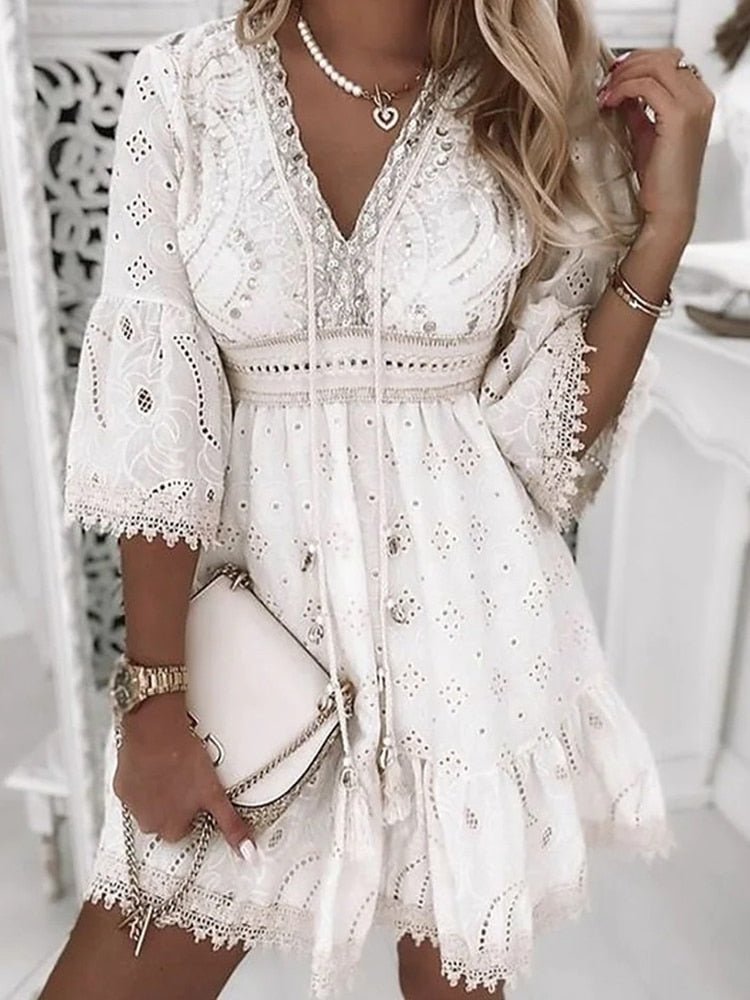 White Eyelet-Lace Mini Dress worn lifestyle