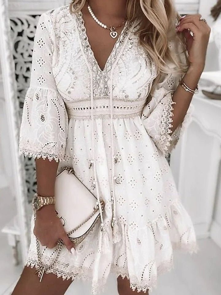 White Eyelet-Lace Mini Dress worn lifestyle