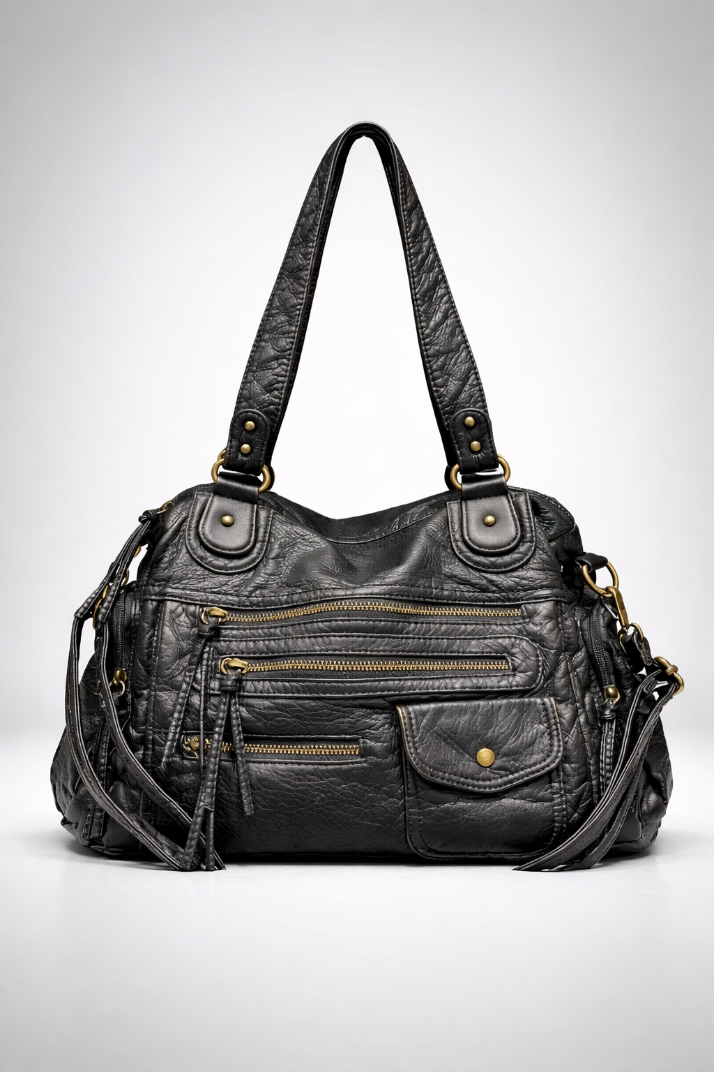 Black Multi-Pocket Vegan Leather Shoulder Bag front view