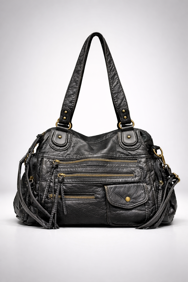 Black Multi-Pocket Vegan Leather Shoulder Bag front view