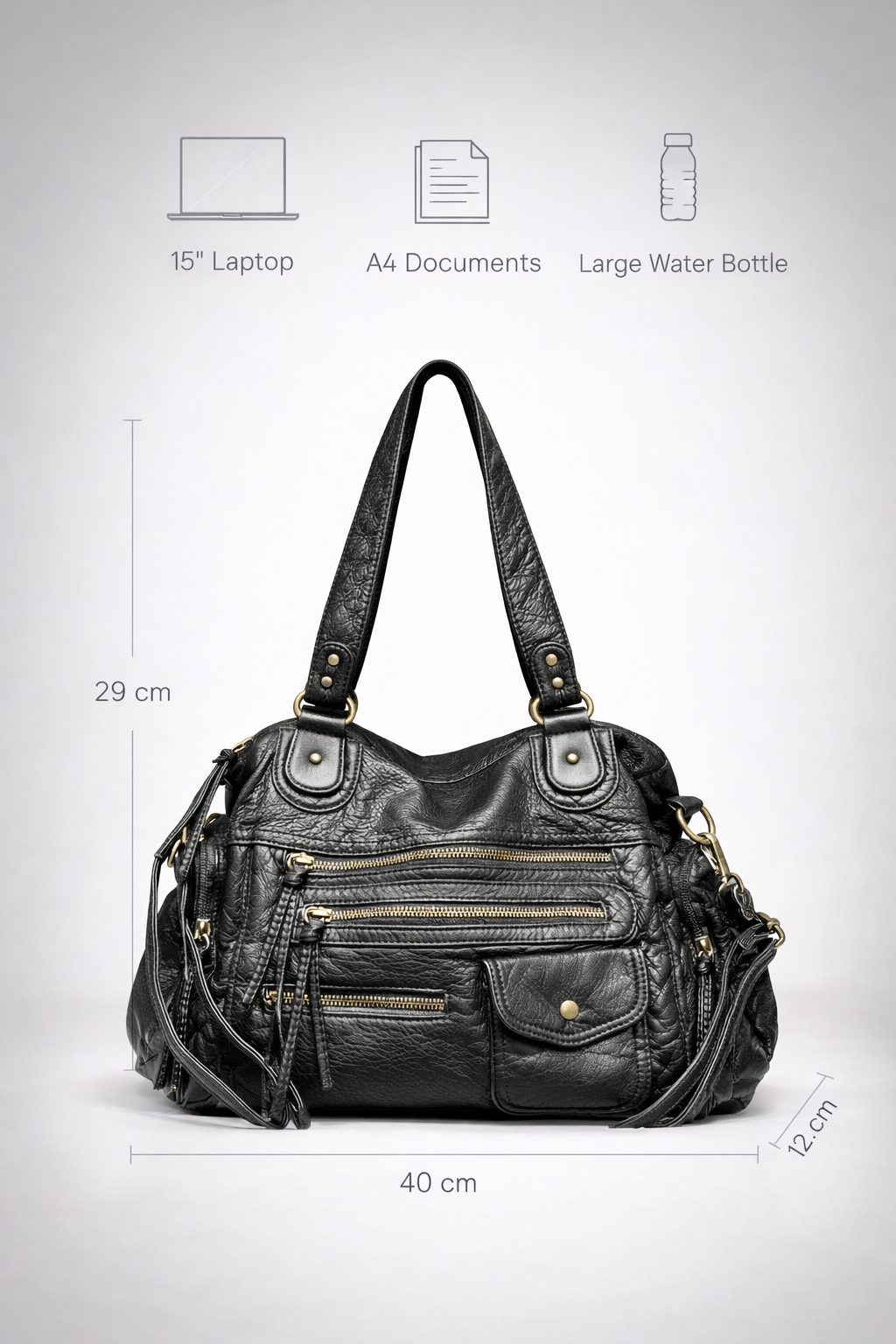 Black Multi-Pocket Vegan Leather Shoulder Bag dimensions