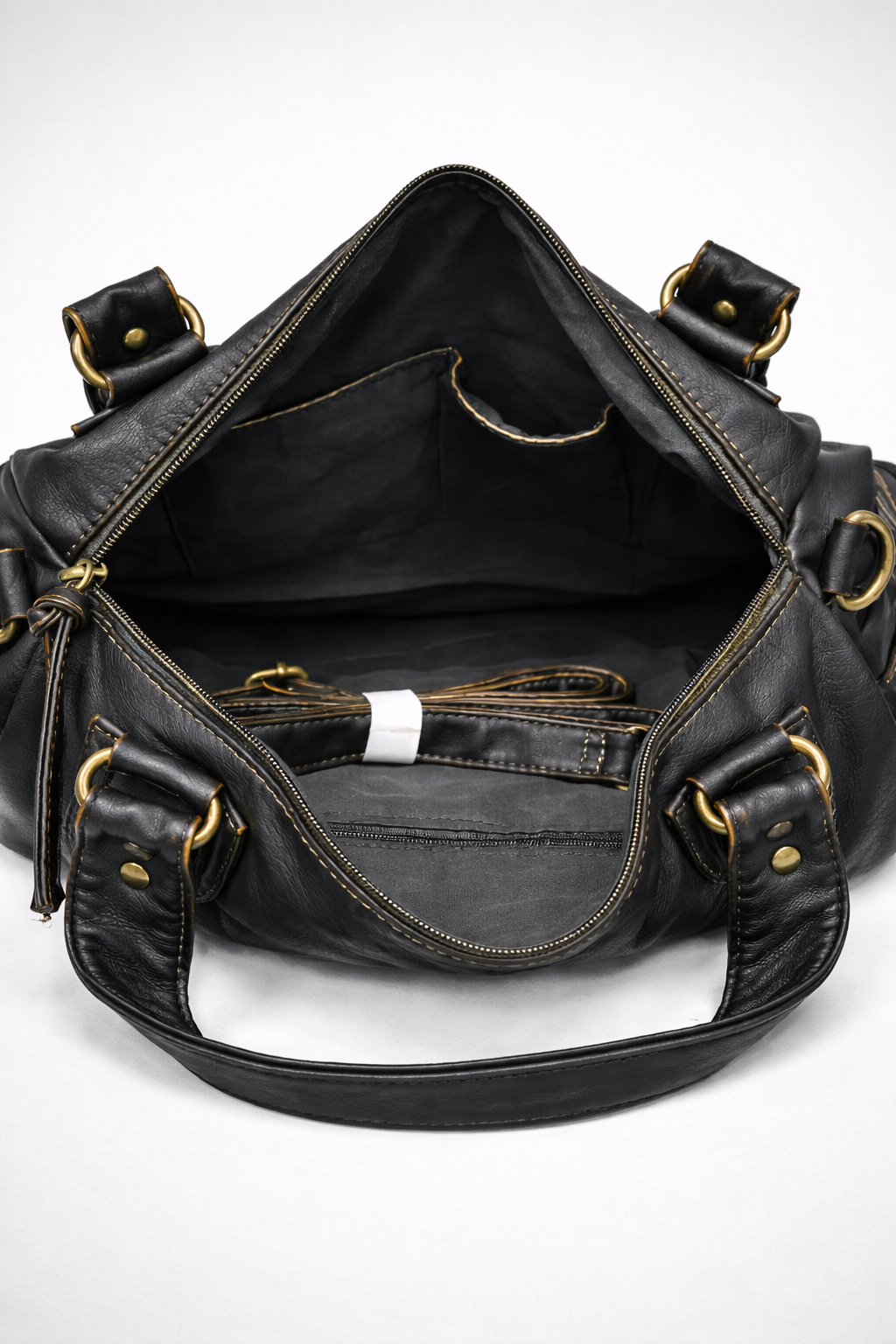 Black Multi-Pocket Vegan Leather Shoulder Bag open interior view