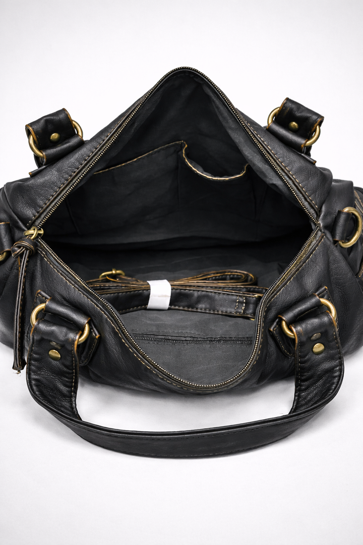 Black Multi-Pocket Vegan Leather Shoulder Bag open interior view