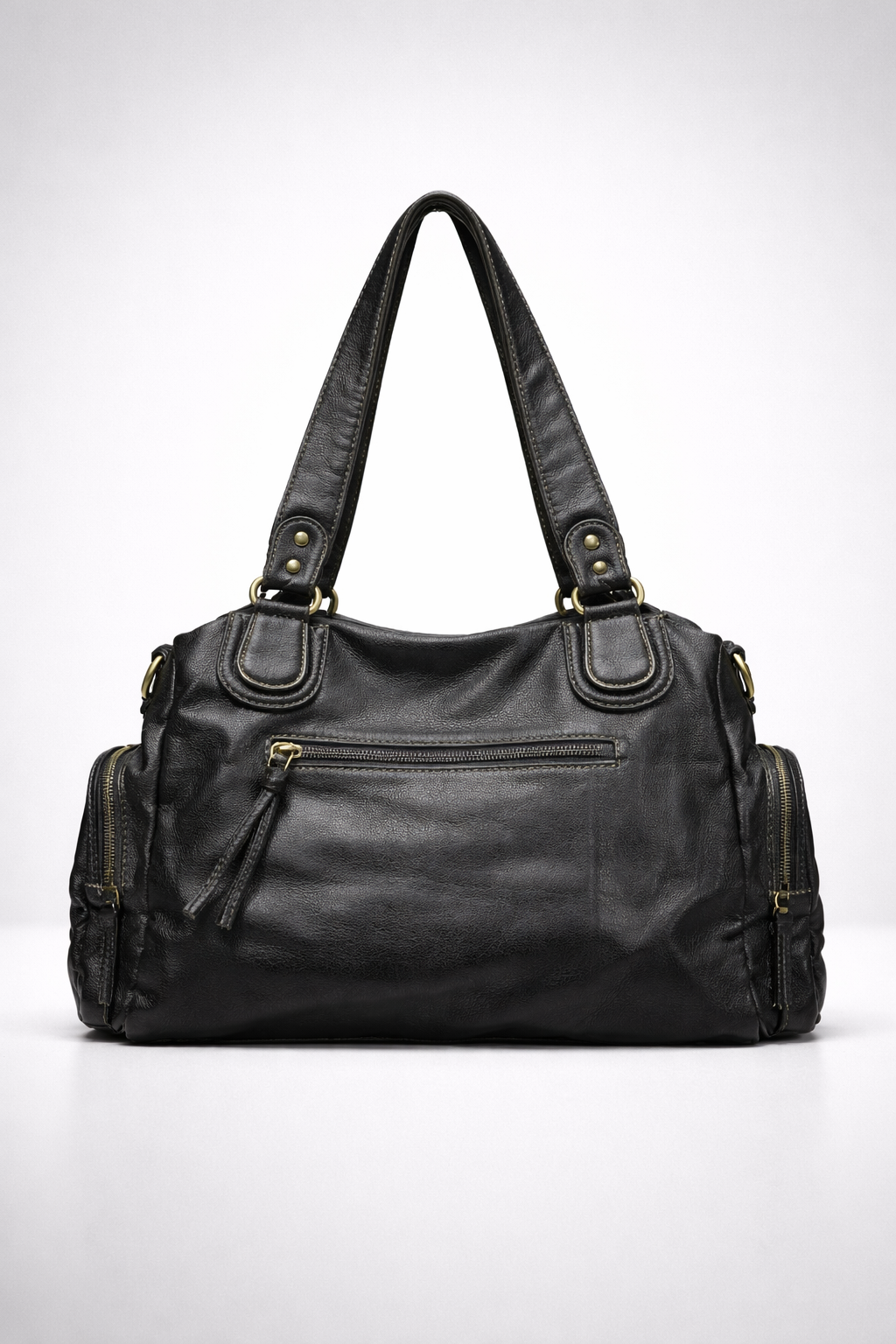Black Multi-Pocket Vegan Leather Shoulder Bag back view
