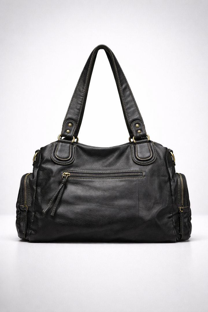 Black Multi-Pocket Vegan Leather Shoulder Bag back view