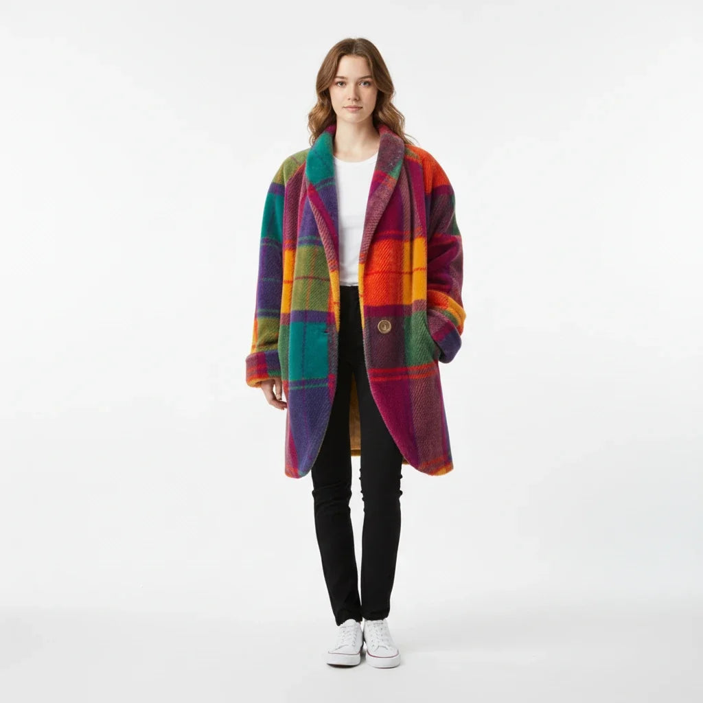 Multicolor Check Longline Coat full-length worn
