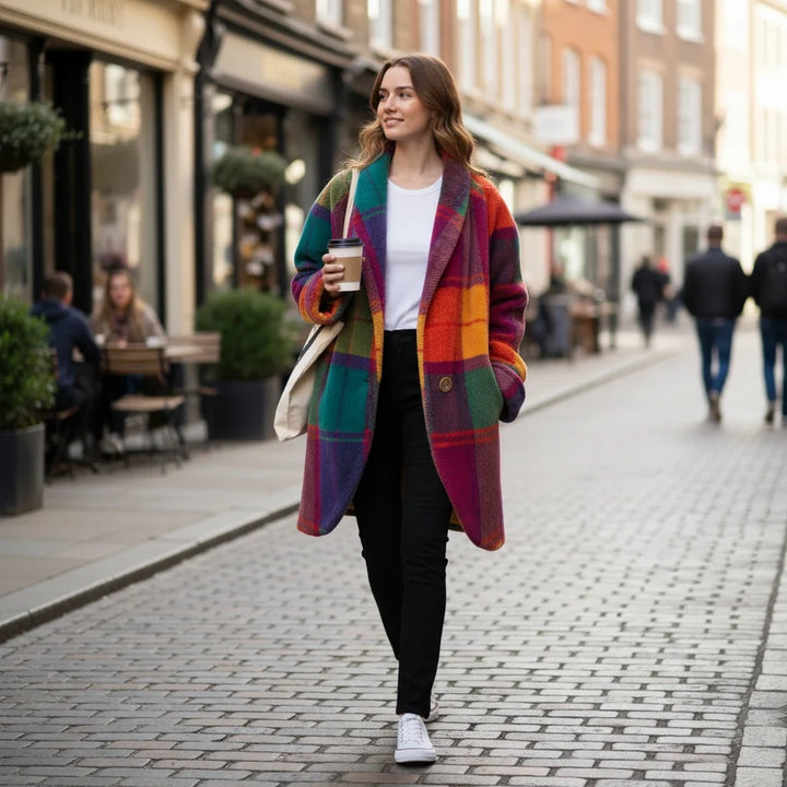 Multicolor Check Longline Coat worn street lifestyle