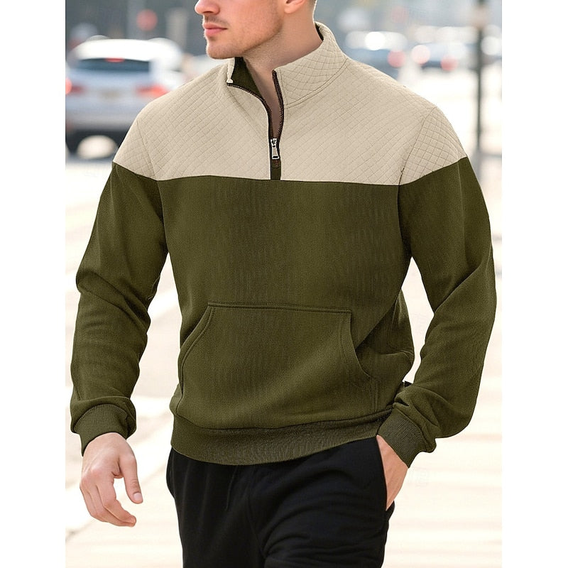 Quilted-Yoke Quarter-Zip Sweatshirt with Kangaroo Pocket