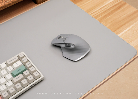 Grey Non-Slip PU Leather Desk Pad with keyboard and mouse