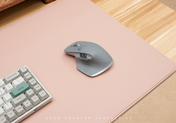 Pink Non-Slip PU Leather Desk Pad with keyboard and mouse