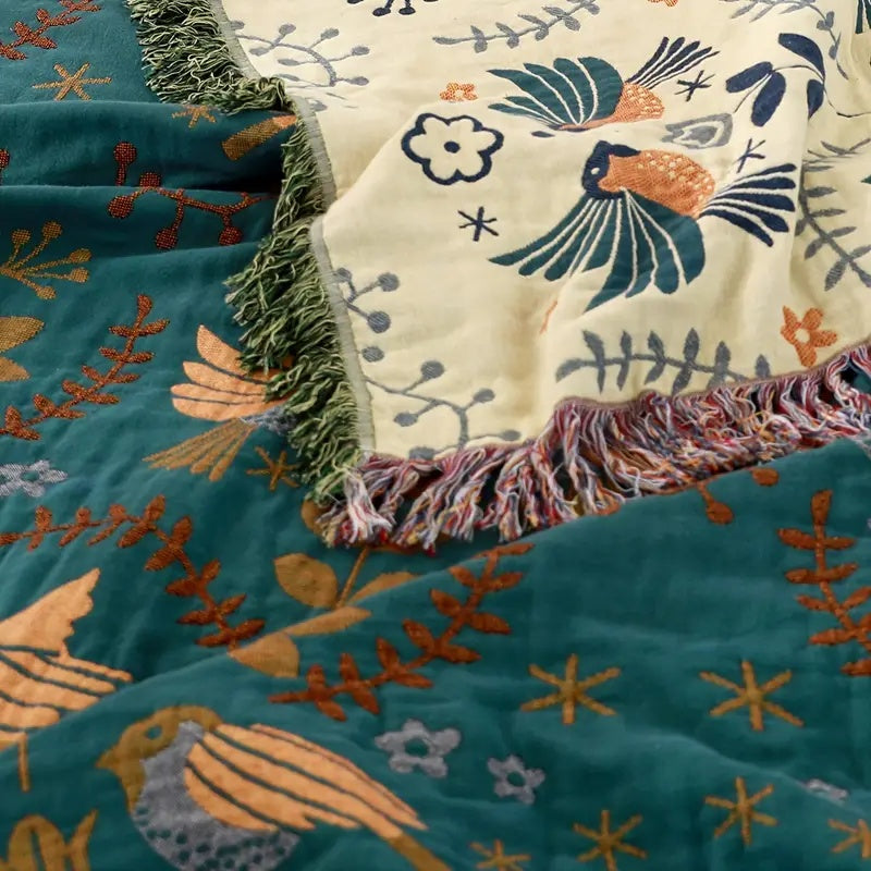 Nordic Bird Jacquard Cotton Throw cream reverse face and fringe detail