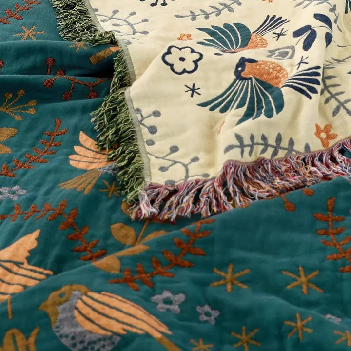 Nordic Bird Jacquard Cotton Throw cream reverse face and fringe detail