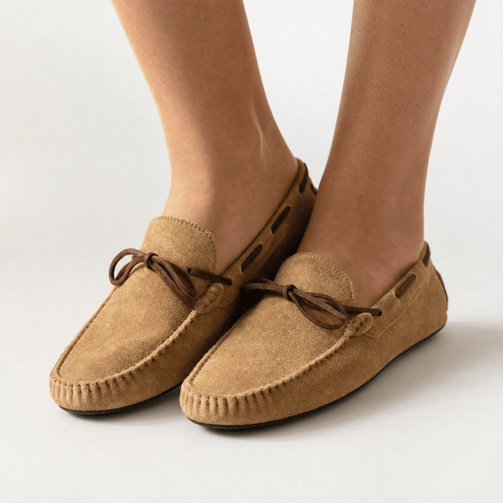 Light Brown Nubuck Suede Lace-Up Loafers worn view